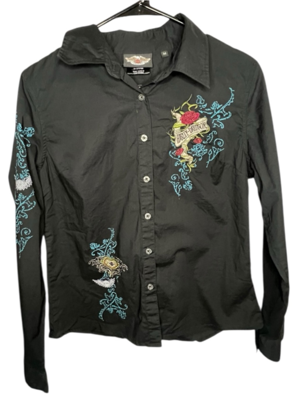 Harley Davidson Black Button Up Long Sleeve Shirt With Embroidered Rose Logo